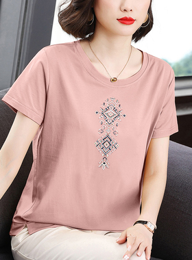 中年妈妈纯棉短袖t恤女夏装宽松大码洋气上衣中老年圆领女装夏季