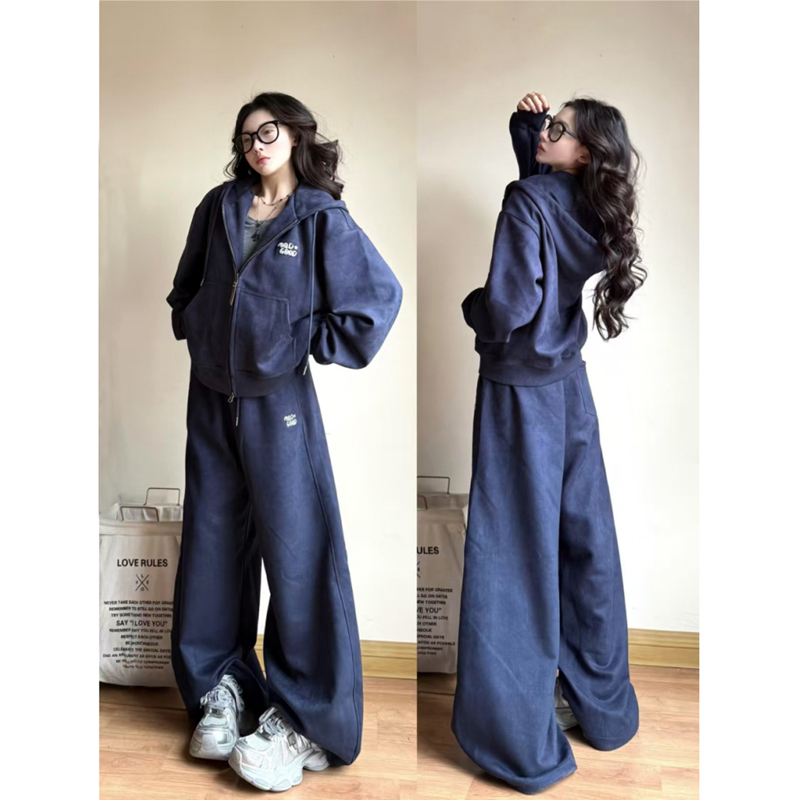 纯棉运动套装女秋学生宽松显瘦韩版开衫卫衣阔腿裤休闲两件套跑步