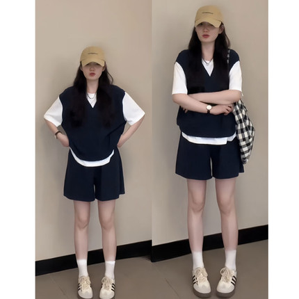 运动服套装女夏季宽松显瘦学生韩版假两件短袖短裤休闲两件套跑步