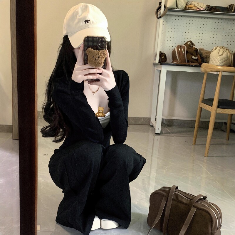 复古V领拉链长袖T恤套装女春秋内搭修身显瘦假两件上衣休闲两件套
