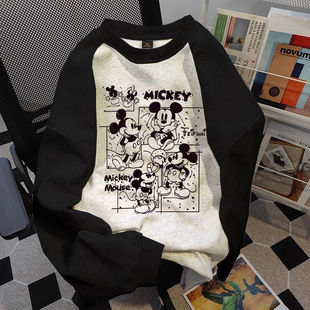 加绒保暖打底衫 新款 上衣 复古米奇600g纯棉拼色卫衣男女秋冬季 美式