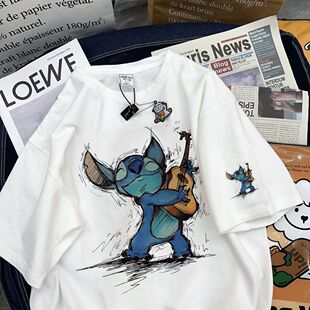 260g重磅休闲宽松大码 美式 新款 夏季 T上衣 卡通史迪仔纯棉t恤男女装