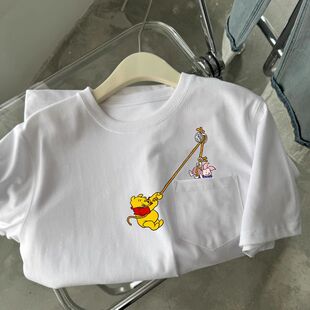 宽松大码 新款 创意卡通T上衣 t恤男女夏季 口袋小熊260g重磅纯棉短袖