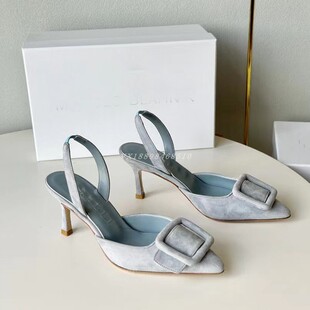 欧美外贸经典高跟尖头方扣包头凉拖鞋女外穿鹿皮气质名媛大码