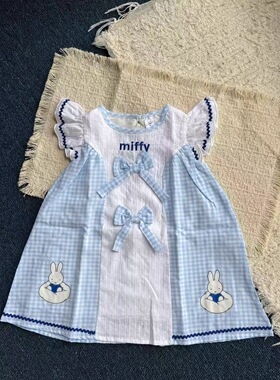 酱酱子 预26年5月 日系女宝夏款兔兔系列蓝色格子连衣裙