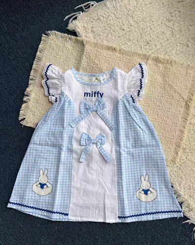 酱酱子 现货 日系女宝米飞mif夏款兔兔系列蓝色格子连衣裙
