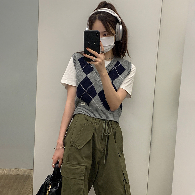 EALA短款格子针织背心马甲