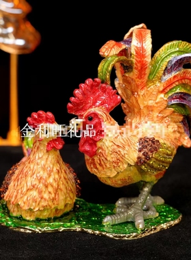珐琅首饰盒合金手工艺品国风装饰中式凤尾公鸡母鸡一对家居摆件