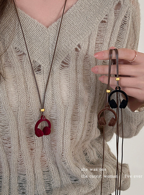 复古植绒耳机吊坠项链毛衣链配饰