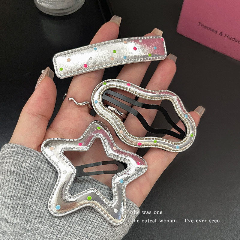 彩色波点银色皮质甜酷少女bb夹