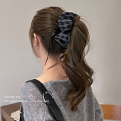 复古格纹蝴蝶结飘带发夹女后脑勺高马尾香蕉夹发卡秋冬新款 抓夹子