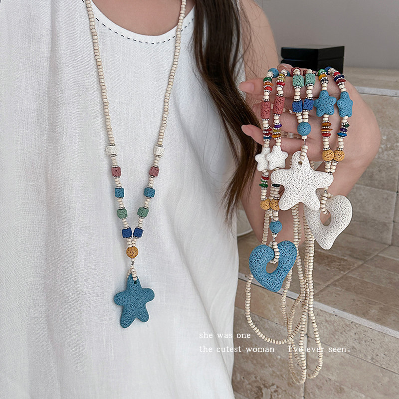 多巴胺彩色串珠火山石爱心项链女配饰小众设计海星锁骨链颈链吊坠