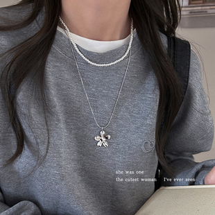 韩国时尚叠戴银色花朵仿珍珠项链女长款可调节抽拉锁骨链颈链配饰