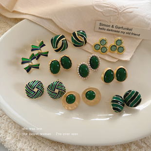 高级感小众时尚复古绿耳钉女轻奢百搭个性耳环耳坠港风气质耳饰品