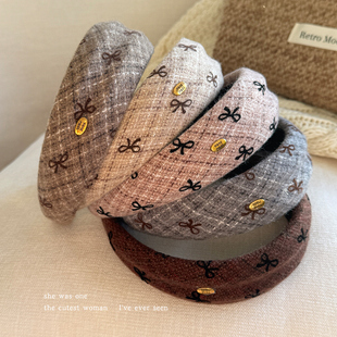 秋冬毛呢格子蝴蝶结发箍女2025新款 高颅顶压发卡日常外戴头箍发捆