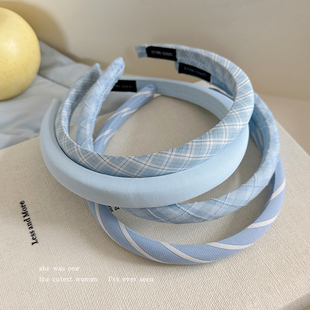 清新蓝色格纹布艺高颅顶发箍女2025新款 简约百搭发卡洗脸专用头箍