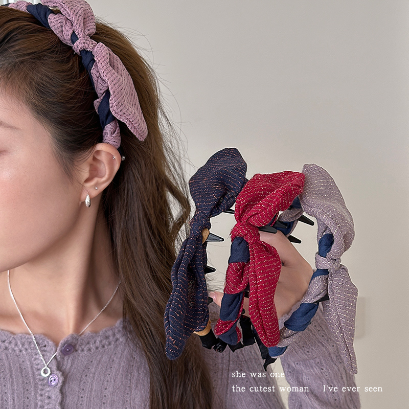 立体条纹拼色蝴蝶结发箍女高颅顶