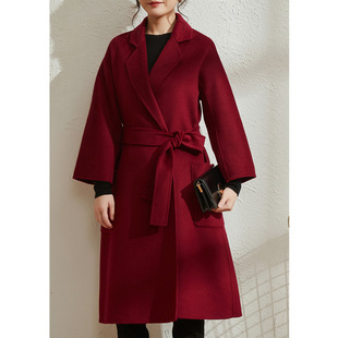 通勤毛呢 系带宽松收腰中长款 羊毛双面呢大衣女2025秋冬季 新款