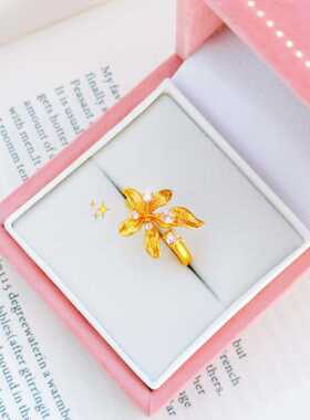 金店同款沙金饰品点钻百合花开口戒指女轻奢仿真金饰品小众设计感