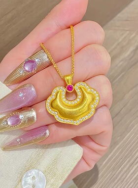 金店同款沙金点钻拉丝吉祥如意福锁吊坠项毛衣链链国潮风配饰批发