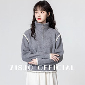 灰色半拉链高领毛衣女2025春秋季 上衣 短款 新款 撞色加厚翻领针织衫