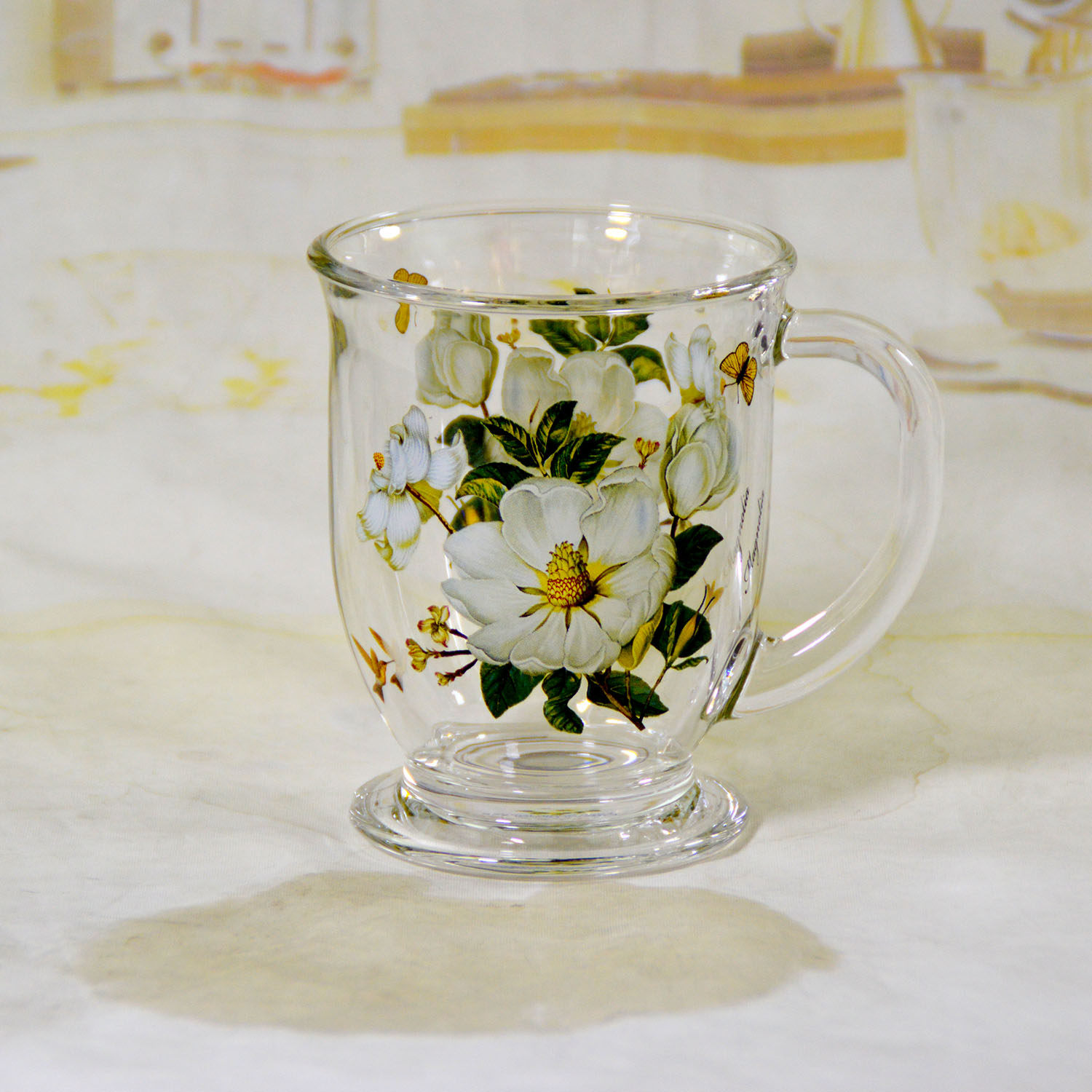 韩国AYMEIRLOCK耐高温花卉印花玻璃杯带把手透明水杯咖啡杯家用