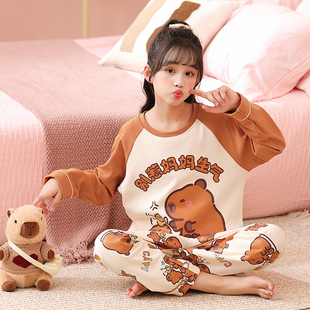 女童睡衣纯棉薄款长袖春秋新款2025小女孩卡皮巴拉亲子家居服套装