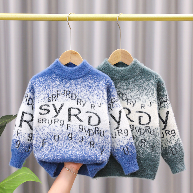 男童毛衣秋冬季2025新款中大童宝宝加厚水貂绒长袖圆领针织打底衫