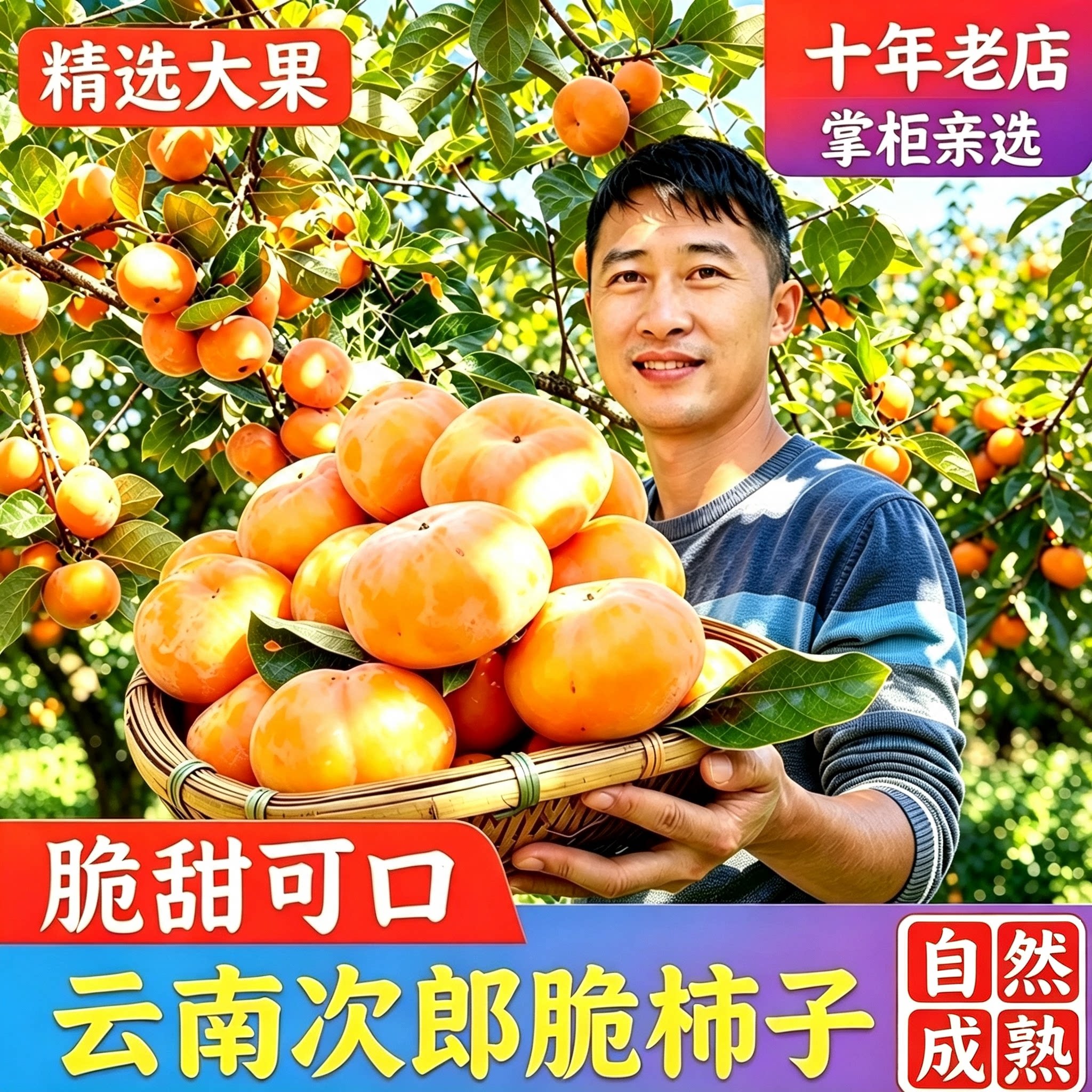 精品云南保山甜脆柿子大果硬柿子次郎当季新鲜水果冰糖心爽口多汁