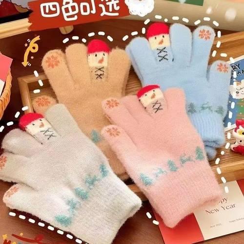 雪人毛线手套女秋冬季加厚防风保暖防寒可爱学生可触屏女生骑行车