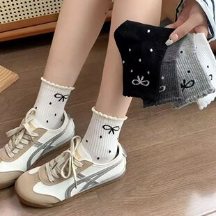 新款 蝴蝶结波点花边堆堆袜学生ins潮长筒袜日系网红中筒女袜