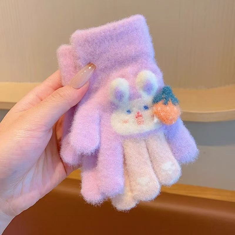 卡通儿童手套冬女童宝宝全指加厚保暖兔子针织五指套2025新款防寒