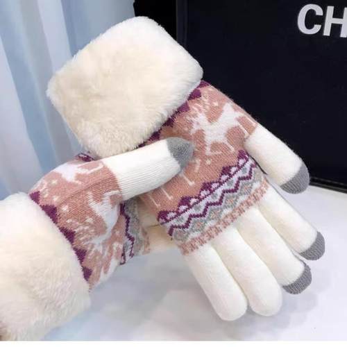 手套女冬季2024新款加绒加厚针织防风防寒保暖圣诞可爱麋鹿手套潮