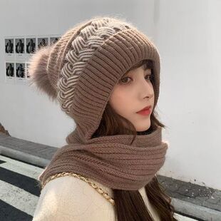 毛线帽女秋冬季百搭女帽韩版潮保暖针织帽加绒加厚帽子围巾一体帽