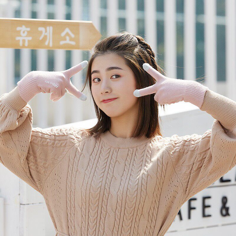 벨벳 다섯 손가락 감기 및 방풍 터치 스크린 사이클링 남성용 단색 간단한 한국어 버전 두꺼워진 여성용 니트 따뜻한 겨울 장갑
