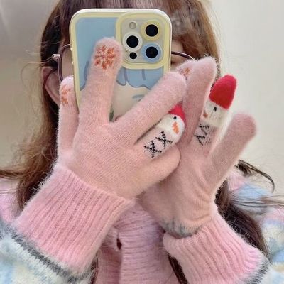 毛线手套女冬季可爱雪人针织可触屏加厚保暖骑行车五指冬天防寒棉