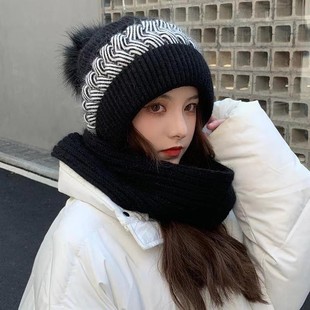 帽子围巾一体女韩版冬季保暖兔毛针织骑车护耳加绒可爱防寒围脖帽