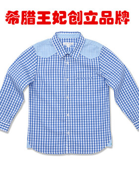 Marie Chantal 春夏 男童 蓝色格子 纯棉 条纹 拼接 衬衫