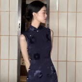 旗袍日常气质长裙百搭夏季 Ti提提 无袖 全开襟手缝盘扣长款 女 夜砚