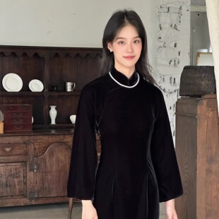 问君 改良长款 黑色丝绒 倒大袖 旗袍 中式 Ti提提