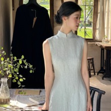 Ti提提 栀栀  水蓝色 水洗色织亚麻中式无袖改良长款旗袍