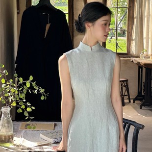 栀栀 改良长款 水蓝色 无袖 旗袍 水洗色织亚麻中式 Ti提提
