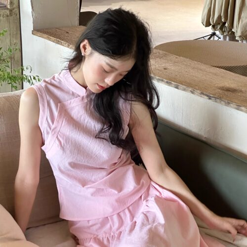Ti提提 粉 月见 斜裁 中式旗袍无袖上衣+半身长裙夏季长裙套装女