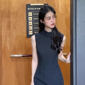 西西 改良长款 毓升黑色菱格纹棉麻混纺 无袖 旗袍长裙 中式 Ti提提