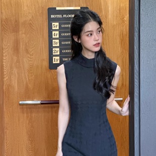 西西 改良长款 毓升黑色菱格纹棉麻混纺 无袖 旗袍长裙 中式 Ti提提