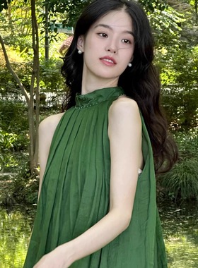Ti提提 青山 墨绿色苎麻 如意钉珠 挂脖连衣裙露肩度假风气质无袖