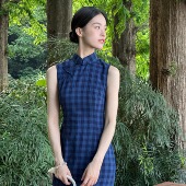 Ti提提 旗袍 改良长款 温言 德隆棉蓝格子无袖