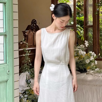 Ti提提 络石 白色100支苎麻 小裙披无袖连衣长裙