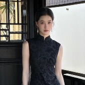 无袖 中式 弹力黑色植绒网纱 改良套装 Ti提提 气质国风长裙 秋来