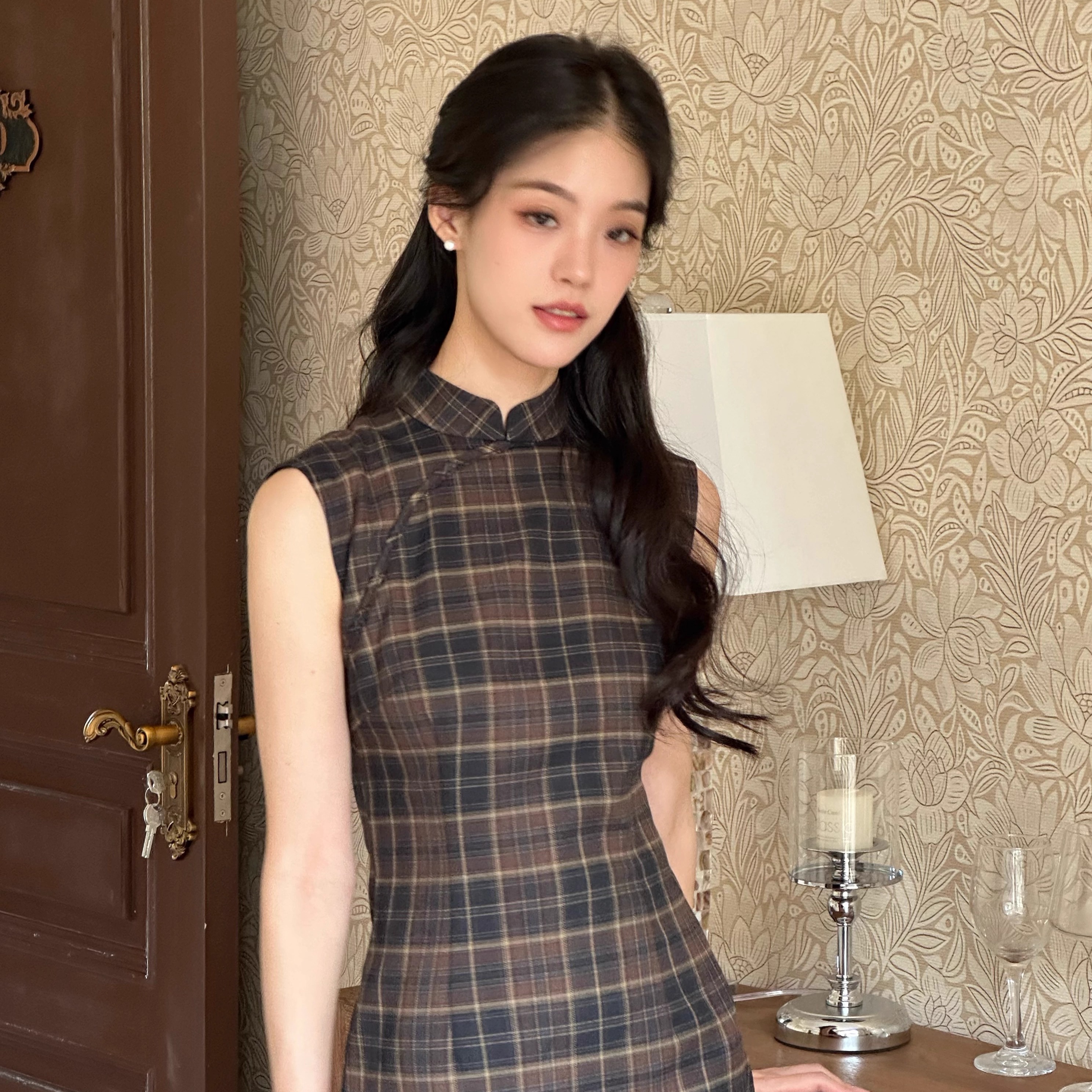 Ti提提  Yulia 复古咖色格子  中式无袖改良长款旗袍复古小众长裙